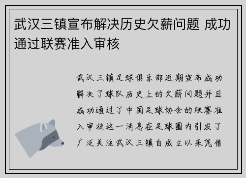 武汉三镇宣布解决历史欠薪问题 成功通过联赛准入审核