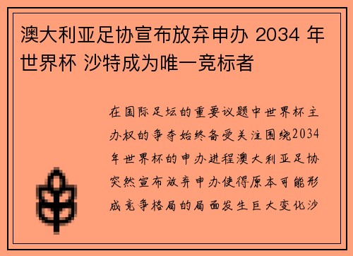 澳大利亚足协宣布放弃申办 2034 年世界杯 沙特成为唯一竞标者